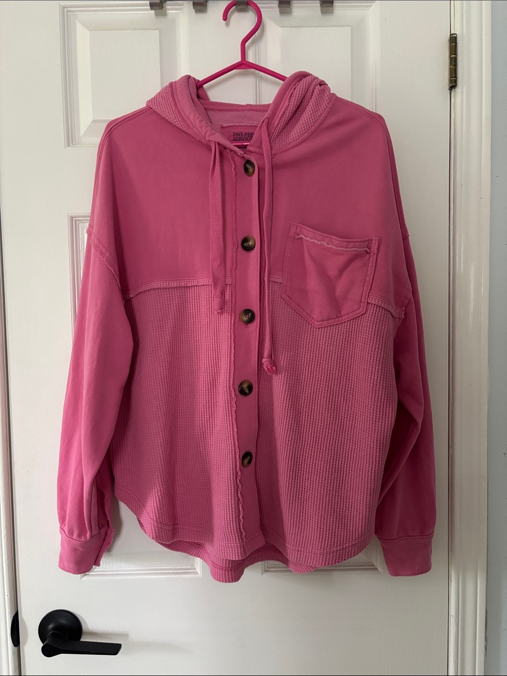 American Eagle Outfitters Pink Waffle-Knit Hooded Button Top